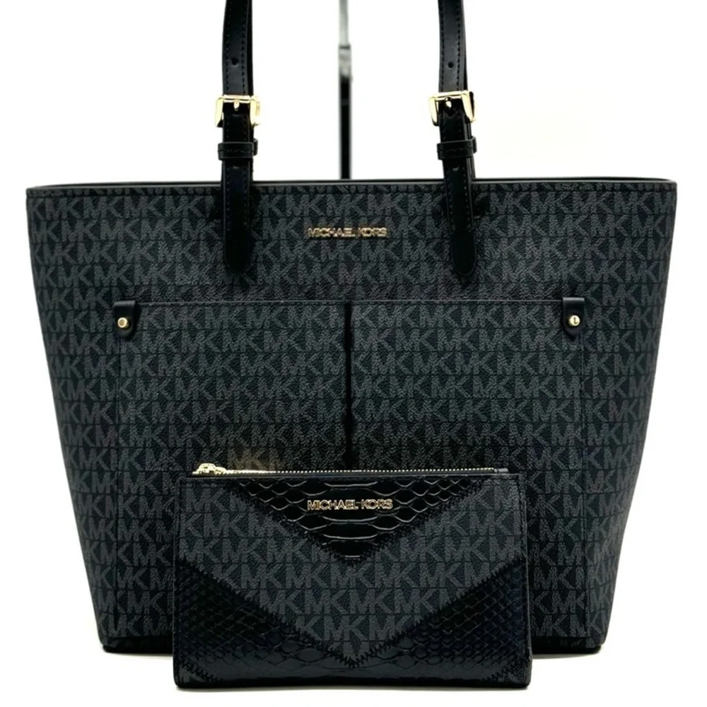 Michael Kors Jet Set Medium Pocket Tote Bag & Double Zip Wallet Black Multi